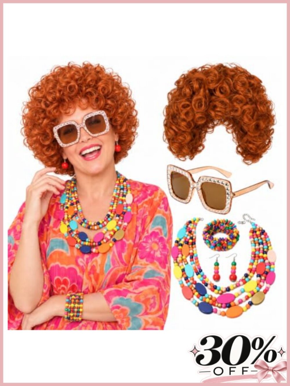 5 Pc Landlady Costume Set Curly Wig Beaded Necklace Earrings Bracelets